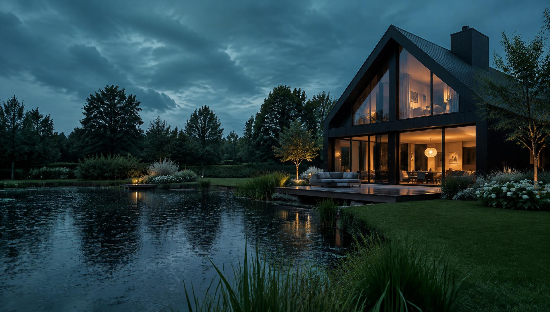 Woning met tuin en vijver tijdens een regenbui