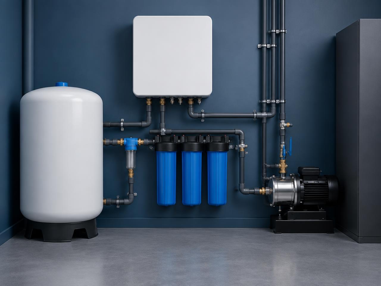 Regenwatermanager met pomp en filters in een technische ruimte